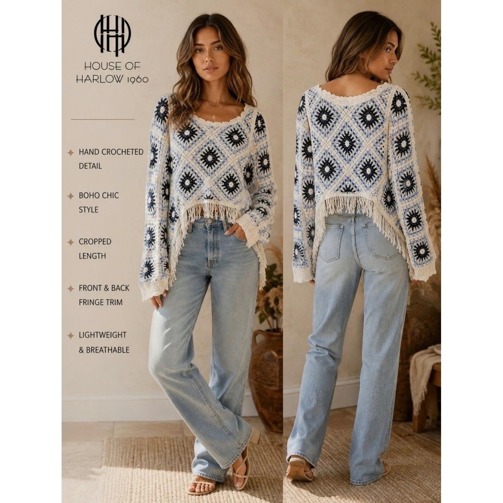 House of Harlow Cream & Light Blue Crochet Fringe Sweater